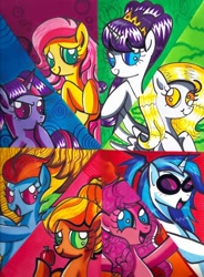 Size: 504x686 | Tagged: safe, artist:aurora-chiaro, applejack, derpy hooves, dj pon-3, fluttershy, pinkie pie, rainbow dash, rarity, twilight sparkle, vinyl scratch, earth pony, pegasus, pony, unicorn, alternate hairstyle, female, mare