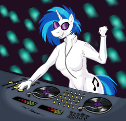 Size: 900x865 | Tagged: safe, artist:cerulean, dj pon-3, vinyl scratch, anthro, clothes, female, glasses, solo