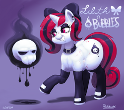 Size: 1466x1300 | Tagged: safe, artist:mataknight, oc, oc only, oc:lilith, pony, unicorn, boots, bow, chubby, clothes, collar, earring, eyeshadow, fat, freckles, gloves, inkflame, levitation, makeup, plot, plump, ribbon, simple background, skull, smiling