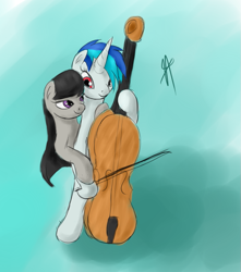 Size: 769x868 | Tagged: safe, artist:vabla, dj pon-3, octavia melody, vinyl scratch, earth pony, pony, unicorn, cello, female, lesbian, musical instrument, scratchtavia, shipping