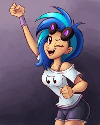 Size: 1200x1500 | Tagged: safe, artist:ric-m, dj pon-3, vinyl scratch, human, bra strap, clothes, cute, humanized, off shoulder, one eye closed, shorts, solo, vinylbetes, wink