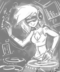 Size: 500x600 | Tagged: safe, artist:johnjoseco, dj pon-3, vinyl scratch, human, grayscale, humanized, monochrome, solo