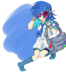 Size: 1165x1285 | Tagged: safe, artist:applestems, dj pon-3, vinyl scratch, human, boots, clothes, female, gloves, headphones, humanized, necktie, red eyes, shoes, shoulder bag, solo