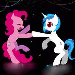 Size: 2222x2222 | Tagged: safe, artist:jacky-bunny, dj pon-3, pinkie pie, vinyl scratch, earth pony, pony, unicorn, bipedal, dancing, high res