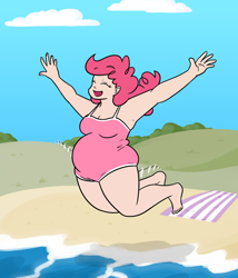 Size: 1280x1493 | Tagged: dead source, safe, artist:bigponiesinc, pinkie pie, human, armpits, ask feedee twilight, bbw, beach, chubby, clothes, fat, female, happy, humanized, one-piece swimsuit, pudgy pie, swimsuit, water