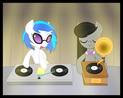 Size: 1125x900 | Tagged: safe, artist:jdan-s, dj pon-3, octavia melody, vinyl scratch, earth pony, pony, unicorn, gramophone, turntable