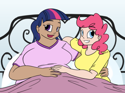 Size: 1280x951 | Tagged: dead source, safe, artist:bigponiesinc, pinkie pie, twilight sparkle, human, ask feedee twilight, bed, bedroom eyes, breasts, chubby, cuddling, fat, female, headlight sparkle, humanized, in bed, lesbian, pinkie pies, shipping, snuggling, twilard sparkle, twinkie