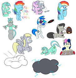 Size: 2751x2815 | Tagged: safe, artist:lamia, bon bon, derpy hooves, diamond tiara, dj pon-3, lyra heartstrings, octavia melody, rainbow dash, silver spoon, sweetie drops, vinyl scratch, earth pony, pegasus, pony, unicorn, blushing, cookie, female, glasses, high res, hug, lesbian, lyrabon, shipping, silvertiara, younger