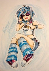 Size: 600x877 | Tagged: safe, artist:slifertheskydragon, dj pon-3, vinyl scratch, human, clothes, denim skirt, eared humanization, female, headphones, horn, horned humanization, humanized, leg warmers, midriff, rave, shoes, skirt, sneakers, solo, traditional art