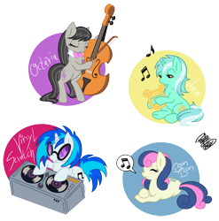 Size: 1404x1421 | Tagged: safe, artist:zykalia, bon bon, dj pon-3, lyra heartstrings, octavia melody, sweetie drops, vinyl scratch, earth pony, pony, unicorn, cello, harp, musical instrument, singing, turntable