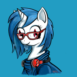 Size: 1000x1000 | Tagged: safe, artist:turbosolid, dj pon-3, vinyl scratch, pony, unicorn, blue background, clothes, cute, glasses, headphones, hipster, hoodie, looking at you, nerd, signature, simple background, smiling, solo, vinylbetes