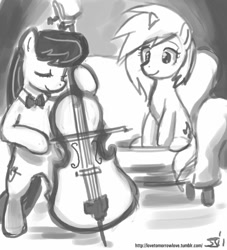 Size: 909x1000 | Tagged: safe, artist:johnjoseco, dj pon-3, octavia melody, vinyl scratch, earth pony, pony, unicorn, bipedal, cello, duo, eyes closed, grayscale, monochrome, musical instrument, sofa