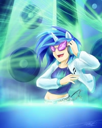 Size: 720x900 | Tagged: safe, artist:slifertheskydragon, dj pon-3, vinyl scratch, human, clothes, female, glasses, headphones, horn, horned humanization, humanized, solo