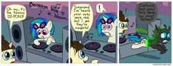 Size: 850x326 | Tagged: safe, artist:fadri, dj pon-3, fine line, maxie, vinyl scratch, oc, oc:wubsy, changeling, pony, unicorn, comic:and that's how equestria was made, comic, female, mare