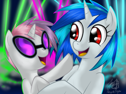 Size: 1024x768 | Tagged: safe, artist:cat-cly, dj pon-3, sweetie belle, vinyl scratch, pony, unicorn, female, horn, mare, white coat