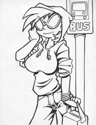 Size: 850x1100 | Tagged: safe, artist:trollie trollenberg, dj pon-3, vinyl scratch, breasts, bus stop, clothes, female, hoodie, humanized, monochrome, solo, vinyl stacked