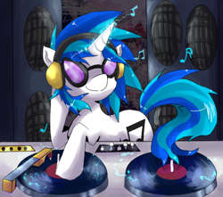 Size: 554x490 | Tagged: safe, artist:cheerubi, dj pon-3, record scrape, vinyl scratch, pony, unicorn, cutie mark, electricity, female, headphones, horn, mixing console, music notes, smiling, solo, speakers, sunglasses, turntable