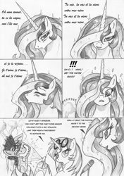 Size: 845x1200 | Tagged: safe, artist:leovictor, dj pon-3, doctor whooves, princess celestia, vinyl scratch, alicorn, pony, unicorn, bedroom eyes, blushing, comic, drool, eyes closed, hair over one eye, je t'aime, looking at you, open mouth, sexy, singing, smiling, song reference, sparkles, steam, stupid sexy celestia, water