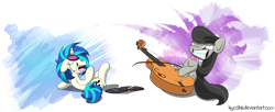 Size: 1866x761 | Tagged: safe, artist:kiyoshiii, dj pon-3, octavia melody, vinyl scratch, earth pony, pony, unicorn, duo, fight