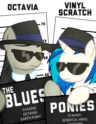 Size: 600x776 | Tagged: safe, artist:steveholt, dj pon-3, octavia melody, vinyl scratch, earth pony, pony, unicorn, blues brothers, clothes, hat, mugshot, parody, suit, sunglasses