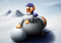 Size: 2700x1900 | Tagged: safe, artist:jesseorange, oc, oc only, oc:jesse orange, pegasus, pony, belly, clothes, cloud, cloudy, fat, impossibly large belly, impossibly large butt, male, mountain, snow, snowball, snowfall, snowflake, solo, sweater, tongue out, wide hips