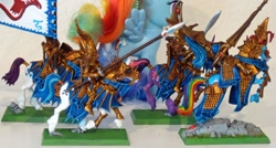 Size: 1328x710 | Tagged: safe, dj pon-3, rainbow dash, rarity, twilight sparkle, vinyl scratch, elf, horse, armor, barding, custom, dragon princes of caledor, figurine, gaming miniature, high elf, irl, miniature, photo, riding, spear, toy, warhammer (game), warhammer fantasy, weapon