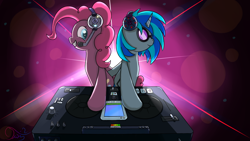 Size: 1920x1080 | Tagged: safe, artist:twilightsquare, dj pon-3, pinkie pie, vinyl scratch, earth pony, pony, unicorn, disco, female, headphones, sunglasses, wallpaper