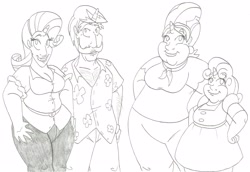 Size: 3258x2243 | Tagged: safe, artist:catstuxedo, cookie crumbles, hondo flanks, rarity, sweetie belle, human, fat, horned humanization, humanized, monochrome