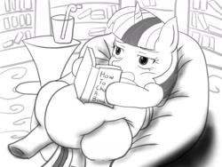 Size: 1280x960 | Tagged: safe, artist:40450, twilight sparkle, twilight sparkle (alicorn), alicorn, pony, book, chubby, fat, female, lazy, mare, monochrome, reading, solo