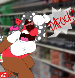 Size: 2850x2971 | Tagged: safe, artist:thecherrysodaaskblog, oc, oc only, oc:cherry soda, anthro, ask, cartoony, chubby, clothes, dafuq, eye bulging, eyes, fat, female, hair bow, muffin top, reaction image, shirt, shopping, soda, solo, standing, talking, tumblr, tumblr:thecherrysodaaskblog, vulgar, wide hips, wild take