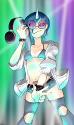 Size: 473x797 | Tagged: safe, artist:zoe-productions, dj pon-3, vinyl scratch, human, belly button, breasts, clothes, female, glasses, headphones, horned humanization, humanized, solo, underboob