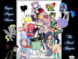 Size: 600x450 | Tagged: safe, derpy hooves, dj pon-3, vinyl scratch, oc, human, blumiere, book, boomer, cape, chaos heart, clothes, count bleck, crossover, cudge, dark prognosticus, fleep, hat, heart, humanized, jeero, luigi, mario, mimi, nastasia, nintendo, paratroopa koopa, pixl, poster, sunglasses, super mario bros., super paper mario, thoreau, tippi, top hat, trucy wright, uglydoll, video game