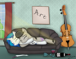 Size: 1024x800 | Tagged: safe, artist:zonra, dj pon-3, octavia melody, vinyl scratch, earth pony, pony, unicorn, cello, cuddling, hug, musical instrument, sofa, wine