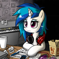 Size: 900x900 | Tagged: safe, artist:johnjoseco, dj pon-3, octavia melody, vinyl scratch, earth pony, pony, unicorn, background pony, ballpoint pen, bass cannon, cellphone, cup, female, headphones, keyboard, mare, morning ponies, music notes, musical instrument, phone, smartphone, solo, sunglasses, synthesizer, traditional art, working