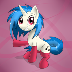 Size: 1250x1250 | Tagged: safe, artist:sirpayne, dj pon-3, vinyl scratch, pony, unicorn, clothes, female, looking at you, mare, raised hoof, sitting, smiling, socks, solo