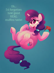 Size: 1500x2015 | Tagged: safe, artist:mellowhen, sugar belle, pony, unicorn, the cutie map, adorafatty, belly, big belly, chubby, crumbs, cute, fat, muffin, solo, sugar belly, sugarbetes, that pony sure does love cakes, that pony sure does love muffins, underhoof, weight gain