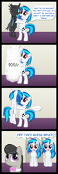 Size: 850x2525 | Tagged: safe, artist:scramjet747, dj pon-3, octavia melody, vinyl scratch, oc, oc:wubsy, changeling, earth pony, pony, unicorn, comic, dialogue, disguise, disguised changeling, fanfic art, the fun has been doubled