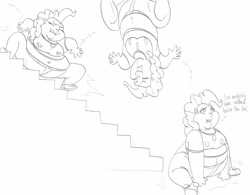 Size: 3258x2541 | Tagged: safe, artist:catstuxedo, pinkie pie, human, the cutie map, fat, humanized, monochrome, pudgy pie, scene interpretation, solo, stairs