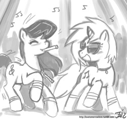 Size: 1280x1200 | Tagged: safe, artist:johnjoseco, dj pon-3, octavia melody, vinyl scratch, earth pony, pony, unicorn, dancing, female, glowstick, grayscale, lesbian, monochrome, scratchtavia, shipping