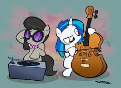 Size: 1000x727 | Tagged: safe, artist:willdrawforfood1, dj pon-3, octavia melody, vinyl scratch, earth pony, pony, unicorn, cello, filly, musical instrument