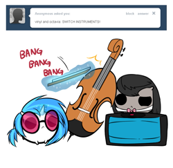 Size: 717x696 | Tagged: safe, artist:pekou, dj pon-3, octavia melody, vinyl scratch, earth pony, pony, unicorn, ask my little chubbies, ask, cello, chubbie, cute, duo, musical instrument, role reversal, simple background, tumblr, turntable, white background