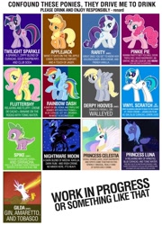 Size: 924x1280 | Tagged: safe, applejack, derpy hooves, dj pon-3, fluttershy, gilda, nightmare moon, pinkie pie, princess celestia, princess luna, rainbow dash, rarity, spike, twilight sparkle, vinyl scratch, alicorn, dragon, earth pony, griffon, pegasus, pony, unicorn, 20% cooler, alcohol, confound these ponies, drinking, female, guide, mare, mixed drinks, s1 luna, wip