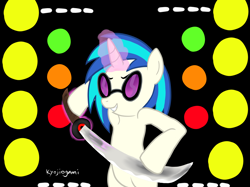 Size: 1668x1248 | Tagged: safe, artist:kyojiogami, dj pon-3, vinyl scratch, pony, unicorn, female, horn, mare, sword, white coat