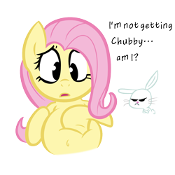 Size: 1000x1000 | Tagged: artist needed, safe, artist:superninja, edit, angel bunny, fluttershy, pegasus, pony, belly, belly button, chubby, crossed arms, dialogue, fat, frown, open mouth, simple background, transparent background, vector