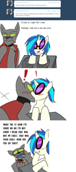 Size: 734x1659 | Tagged: safe, dj pon-3, rover, vinyl scratch, diamond dog, pony, unicorn, ask, ask the diamond dogs, kissing, roverscratch, tumblr