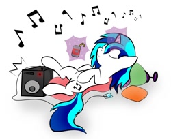 Size: 961x786 | Tagged: safe, artist:zomgitsalaura, dj pon-3, vinyl scratch, pony, unicorn, ipod, magic, music notes, relaxing, simple background, solo, white background