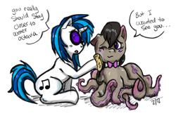 Size: 900x606 | Tagged: safe, artist:gloryblaz, dj pon-3, octavia melody, vinyl scratch, monster pony, octopony, octopus, original species, pony, bowtie, dialogue, duo, female, octaviapus, species swap