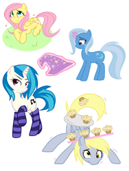 Size: 900x1200 | Tagged: safe, artist:kuranocat, derpy hooves, dj pon-3, fluttershy, trixie, vinyl scratch, pegasus, pony, unicorn, clothes, female, mare, muffin, socks, striped socks