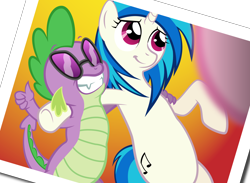 Size: 4272x3135 | Tagged: safe, artist:qtmarx, dj pon-3, spike, vinyl scratch, dragon, pony, unicorn, cute, female, glasses, mare, vinylspike