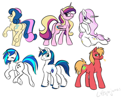 Size: 1422x1138 | Tagged: safe, artist:calicopikachu, big macintosh, bon bon, dj pon-3, fleur-de-lis, princess cadance, shining armor, sweetie drops, vinyl scratch, alicorn, earth pony, pony, unicorn, bedroom eyes, butt, eyes closed, female, hair over one eye, looking at you, looking back, male, mare, plot, pose, raised hoof, raised leg, sitting, smiling, stallion, trotting, underhoof, unshorn fetlocks